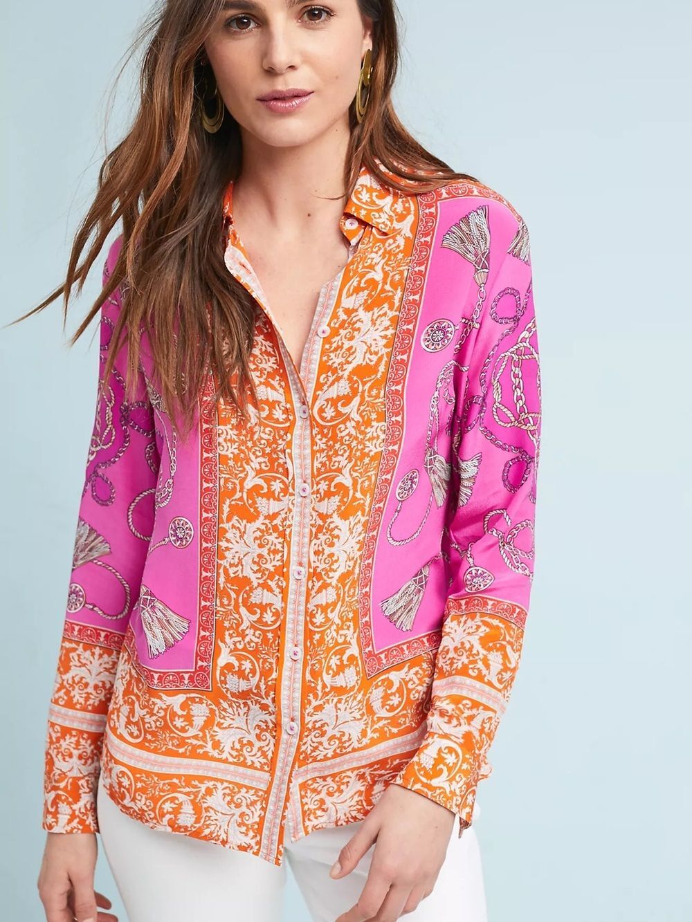 Anthropologie Maeve Runa Printed Silk Shirt | Orange / Pink | Size 4